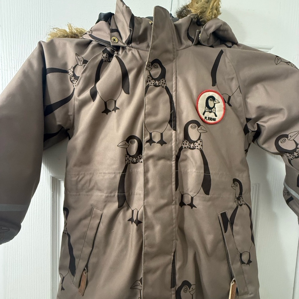 Mini Rodini Kids Penguin Print Winter Coat - Taupe